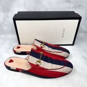 GUCCI Princetown Horsebit Striped Canvas Slip On Loafer Mule Flat Shoes 42